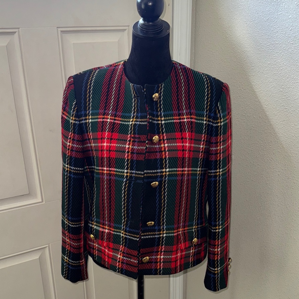 Chic Plaid Blazer with Gold Buttons